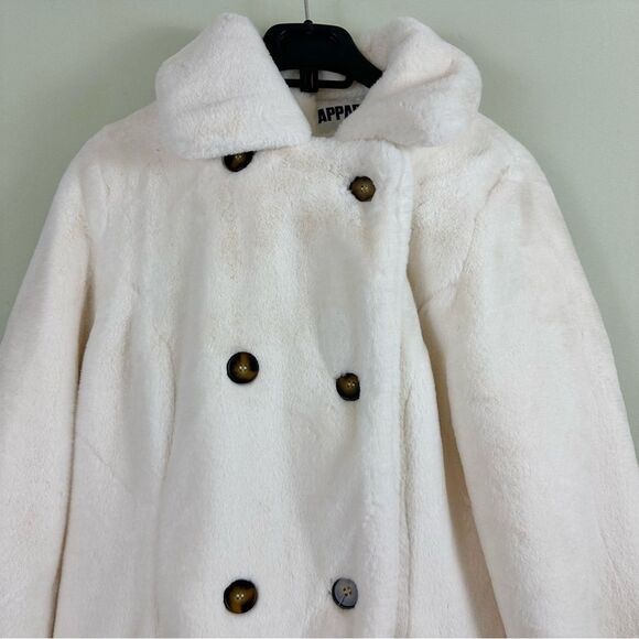 Apparis Faux Fur White Double Breasted Winter Trench Coat - Picture 3 of 11